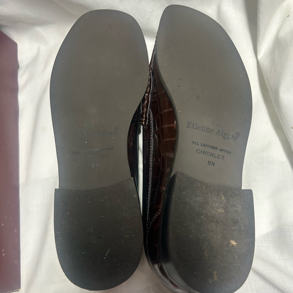 Etienne Aigner Chicklet Tobacco Brown Patent Crocodile Loafers Sz 8 Narrow - Picture 8 of 9